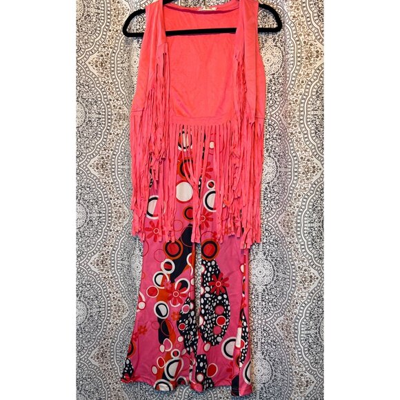 Girls Hippie Costume Set XL With Fringe Vest Flare Pants Heart Glasses & Accesso - Picture 1 of 7